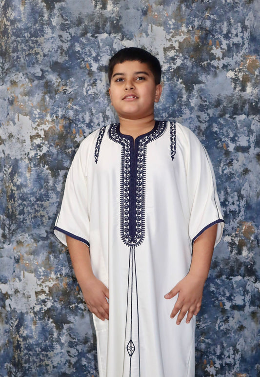 Boys Gandoura - Ivory white with Navy stitching 50% OFF