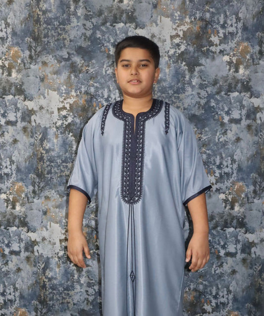 Boys Gandoura - Dove grey with navy stitching